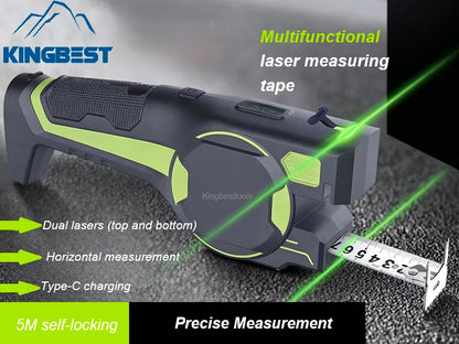 5M Multifunctional Measuring Laser Tape Rechargeable Dual-Line High Brightness Green Measure Laser Level Free Shipping